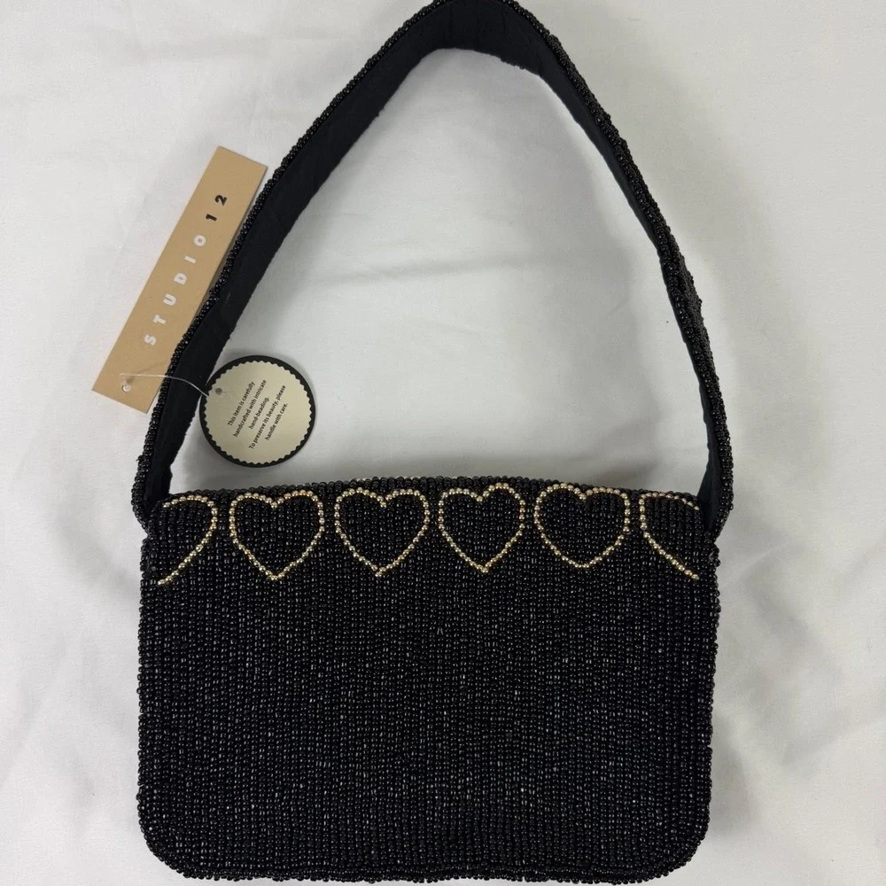 New Handcrafted Black Gold Beaded Heart Shoulder Bag Evening Purse‎ NWT